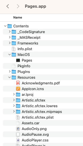 Directory listing of Pages.app on MacOS